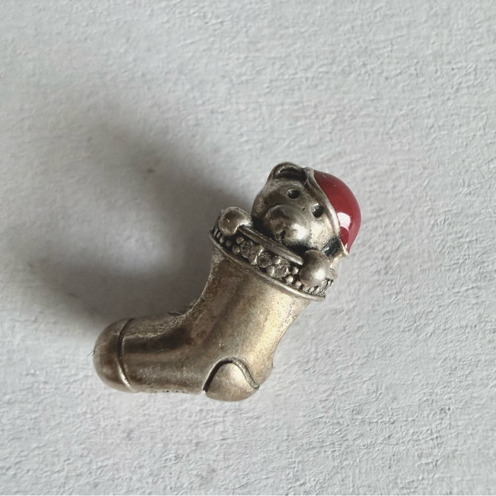 Pandora Sterling Silver Sparkling Bear in Stocking Charm with Red Hat Retired